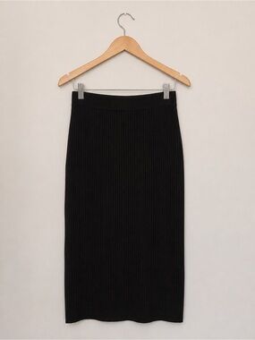American Eagle Black Ribbed Knit Midi Skirt Side Slit Size L